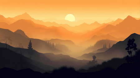 Landscape with mountains and sunset. Vector illustration for your design.の素材