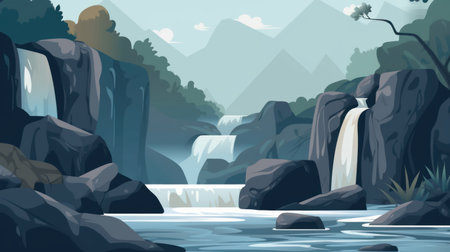 Beautiful nature landscape with waterfall. Cartoon style. Vector illustration.の素材