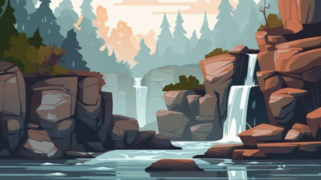 Waterfall in the forest. Vector illustration in a flat style.の素材