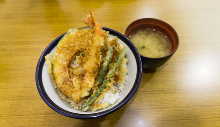 Japanese mixed Tempura with rice and soupの写真素材