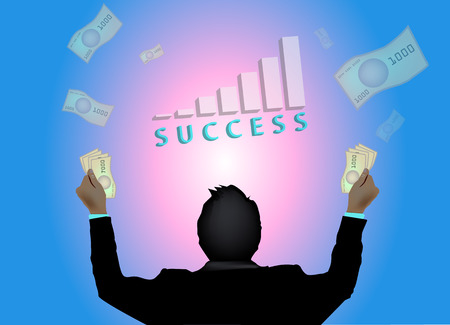 Successful business man with graph and money flying aroundのイラスト素材