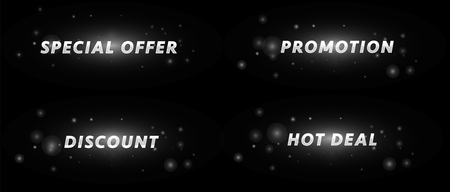 Special offer, promotion, hot deal, discount; marketing texts with glowing light on black backgroundのイラスト素材