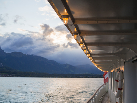 Cruise ship deck corridor, with afternoon skyの写真素材