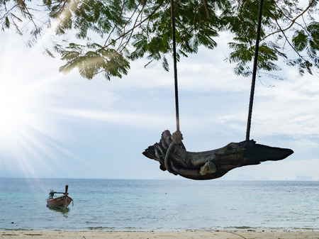 Wooden swing with beach viewの写真素材