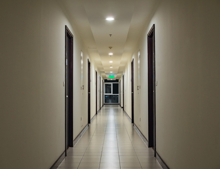 Building hallway walk way at nightの写真素材