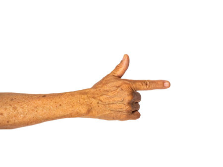 Pointing hand gesture, index and thumb finger gesture isolated on whiteの写真素材
