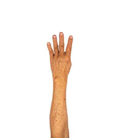 Four finger hand gesture senior hand on white backgroundの写真素材