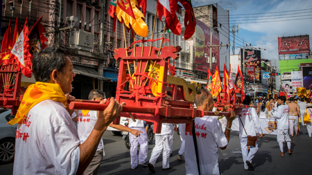 Hatyai, Songkhla, Thailand - Oct. 6, 2016 :  People celebrate a vegetarian festival during the festival ritual mortification is practised to appease the Gods.Action photography Capturing movement.のeditorial素材