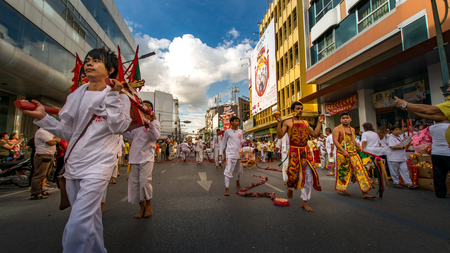 Hatyai, Songkhla, Thailand - Oct. 6, 2016 :  People celebrate a vegetarian festival during the festival ritual mortification is practised to appease the Gods.Action photography Capturing movement.のeditorial素材