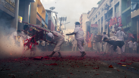 Hatyai, Songkhla, Thailand - Oct. 6, 2016 :  People celebrate a vegetarian festival during the festival ritual mortification is practised to appease the Gods.Action photography Capturing movement.のeditorial素材