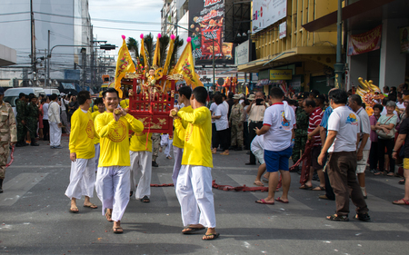 Hatyai, Songkhla, Thailand - Oct. 6, 2016 :  People celebrate a vegetarian festival during the festival ritual mortification is practised to appease the Gods.Action photography Capturing movement.のeditorial素材