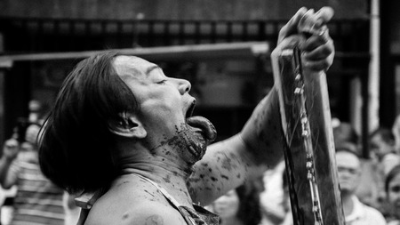 Hatyai, Songkhla, Thailand - Oct. 6, 2016 :  People celebrate a vegetarian festival during the festival ritual mortification is practised to appease the Gods.Action photography Capturing movement.のeditorial素材