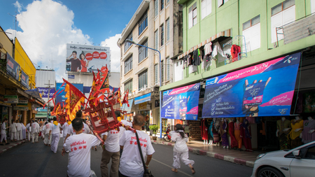 Hatyai, Songkhla, Thailand - Oct. 6, 2016 :  People celebrate a vegetarian festival during the festival ritual mortification is practised to appease the Gods.Action photography Capturing movement.のeditorial素材