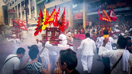Hatyai, Songkhla, Thailand - Oct. 6, 2016 :  People celebrate a vegetarian festival during the festival ritual mortification is practised to appease the Gods.Action photography Capturing movement.のeditorial素材