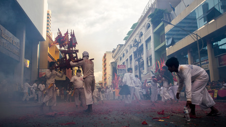 Hatyai, Songkhla, Thailand - Oct. 6, 2016 :  People celebrate a vegetarian festival during the festival ritual mortification is practised to appease the Gods.Action photography Capturing movement.のeditorial素材