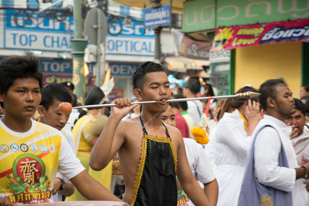 Hatyai, Songkhla, Thailand - Oct. 6, 2016 :  People celebrate a vegetarian festival during the festival ritual mortification is practised to appease the Gods.Action photography Capturing movement.のeditorial素材