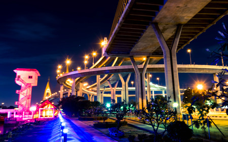 The Grand King Bhumibol Bridge at night, Bangkok Thailandのeditorial素材
