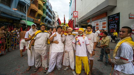 Hatyai, Songkhla, Thailand - Oct. 7, 2016 :  People celebrate a vegetarian festival during the festival ritual mortification is practised to appease the Gods.Action photography Capturing movement.のeditorial素材