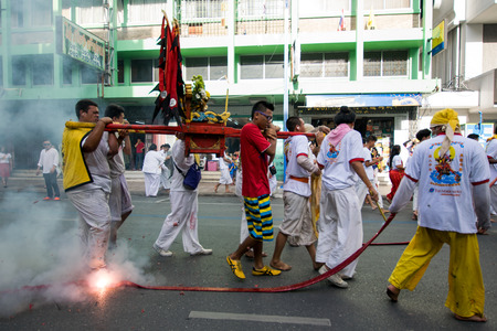 Hatyai, Songkhla, Thailand - Oct. 7, 2016 :  People celebrate a vegetarian festival during the festival ritual mortification is practised to appease the Gods.Action photography Capturing movement.のeditorial素材