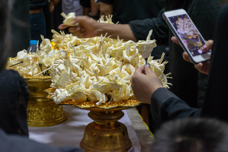 Dok Mai Chan. Thai artificial flowers used during a funeral. kind of wood flower to be placed on the site of cremation.の写真素材
