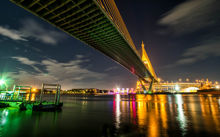 The Grand King Bhumibol Bridge at night, Bangkok Thailandの写真素材