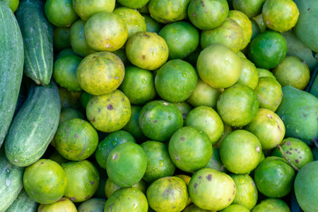 Close up fresh green limes on pile in the market.の写真素材