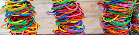 Close up of colorful rubber bandsの写真素材