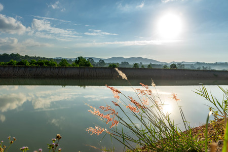 Sunrise view At Ban Na Thong Suk Reservoir, Songkhla Province, Thailandの写真素材