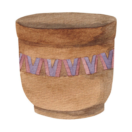 Watercolor brown flowerpot with pattern, suitable for indoor plants and flowers, gardening equipment, isolated on white backgroundの写真素材