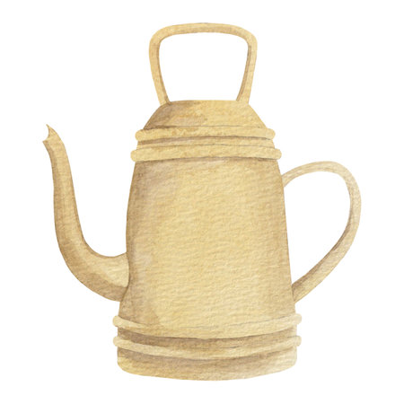 Watercolor garden watering can.A yellow metal watering can on a white background, painted with watercolorsの写真素材