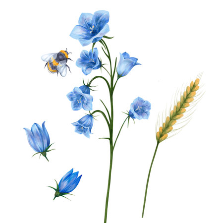 Bouquet set with blue flowers bluebells, young flower buds, bumblebee, grain ear. Isolated on white background are drawn by hand.の写真素材