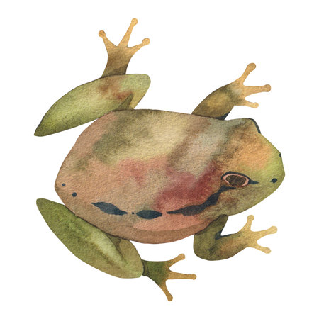 Swamp frog , green brown color painted in watercolor. isolated on white backgroundの写真素材