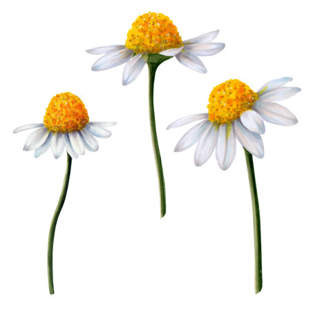 Set of chamomile flowers painted in watercolor on white backgroundの写真素材