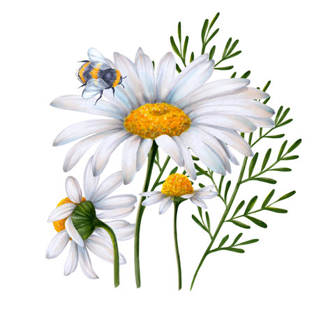 Set of daisy flowers painted in watercolor on a white background with a bumblebee sitting on the flowerの写真素材