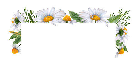 Set of watercolor floral banners, composition of wildflowers and plants drawn on white background. White daisies, green leaves, bumblebee, ears of wheat.の写真素材