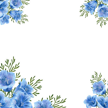 Hand drawn illustration. Watercolor botanical frame Bluebell flowers set. Isolated on white background. Application for postcards, invitationsの写真素材