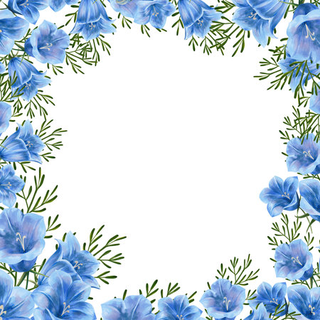 Hand drawn illustration. Watercolor botanical frame Bluebell flowers set. Isolated on white background. Application for postcards, invitationsの写真素材
