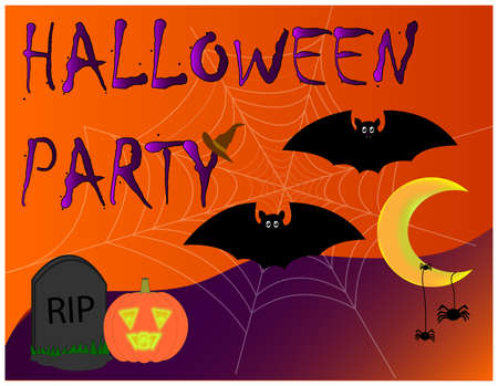 Halloween Banner with orange pumpkin and cauldron. flat illustration. moon night in a spooky forest. Halloween partyの写真素材