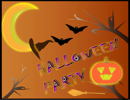 Halloween Banner with orange pumpkin and cauldron. flat illustration. moon night in a spooky forest. Halloween partyの写真素材