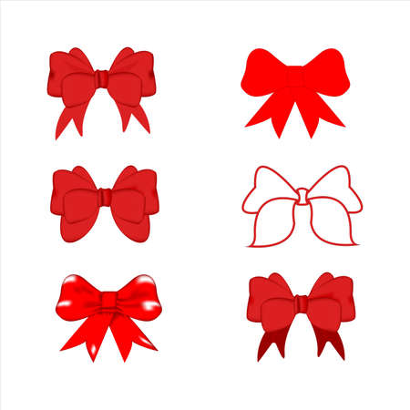 Set of red bows on a white background.Vector illustration for website design, gifts, stickers, gift paper, cups, children's toys, wallpaper, napkins, notebooks, phone cases, bags, clothes and other types of decorations and designs.Vector illustration.のイラスト素材