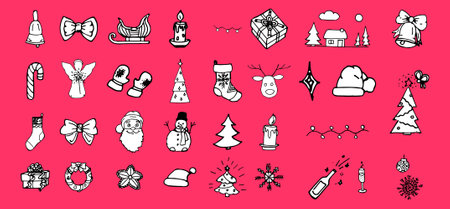 Christmas solid icon set. Winter holiday collection or sketches, symbols. New year signs for web design and mobile app, glyph style pictograms package isolated on gold background.の写真素材