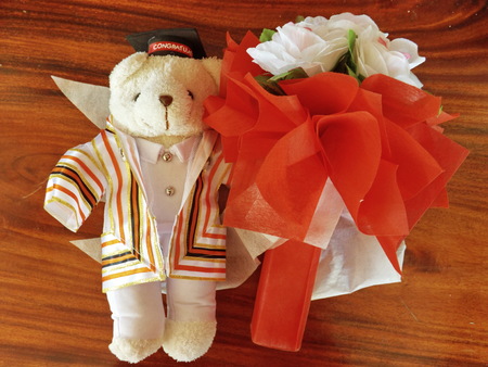 Teddy bear wearing gown with congratulationの写真素材