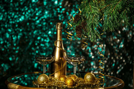 A bottle of champagne and glasses in New year and Christmasの写真素材