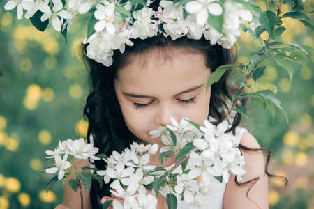 Little beautiful girl at blossom apple tree in white dressの写真素材