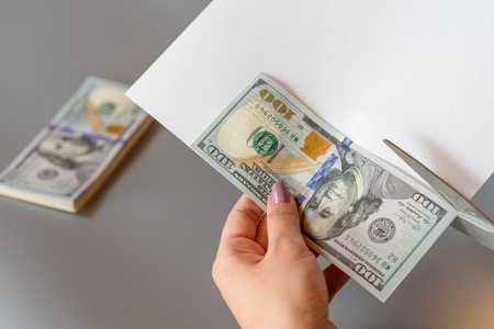 Making fake dollars. Process make of counterfeit dollarsの写真素材
