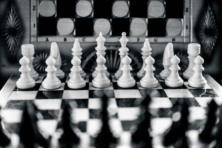 White chess figures on the background of a chessboard
