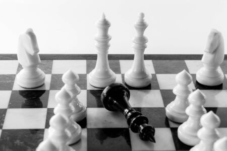 chess king and queen stand on a chessboard after victory