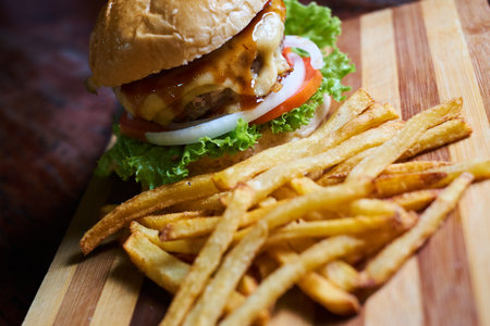 cheese burger - American cheese burger with fresh salad and french fries