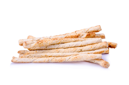 Cheese twist snack  isolated on white backgroundの写真素材