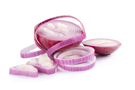 Red sliced onion isolated on white backgroundの写真素材